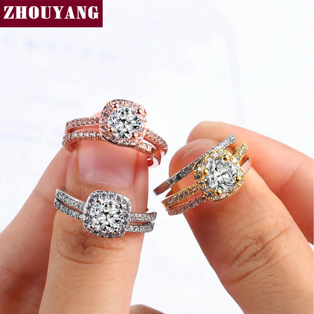 ZHOUYANG наборы свадебных колец для женщин классические круглые Огранки AAA + CZ