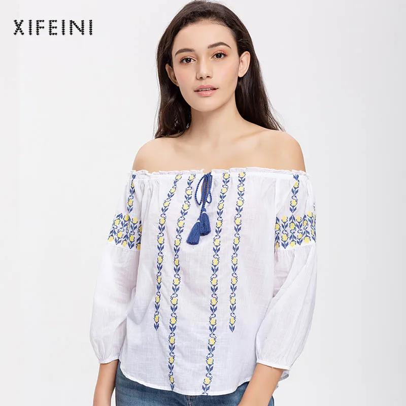 XIFEINI новое летнее шифоновое блузки элегантный с открытыми плечами Украшенные