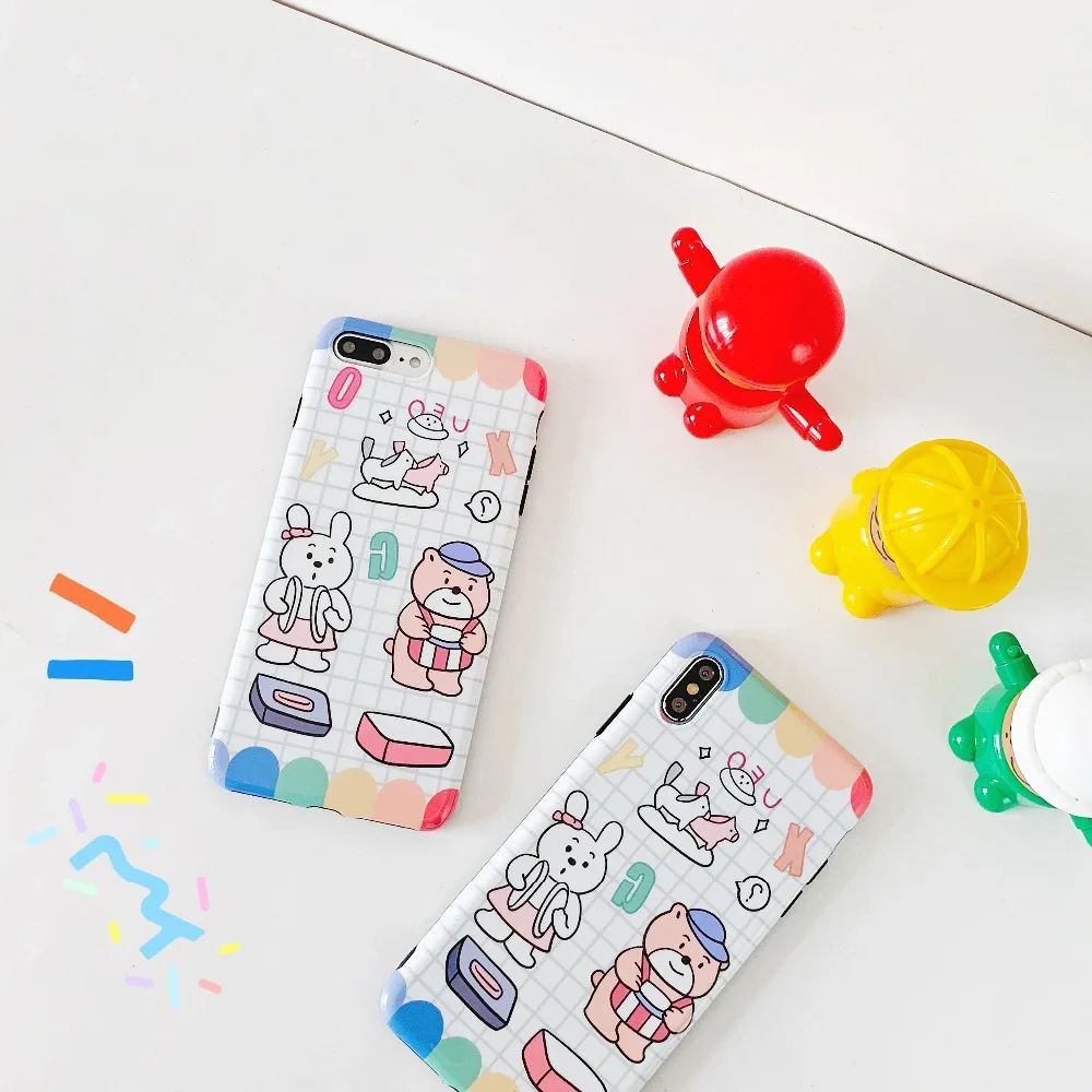 ORYKSZ Cartoon Bear rabbit Case for iPhone XR XS X Xs Max Phone Cover 6 6S 7 8 Plus Soft TPU Silicone Cases Coque |