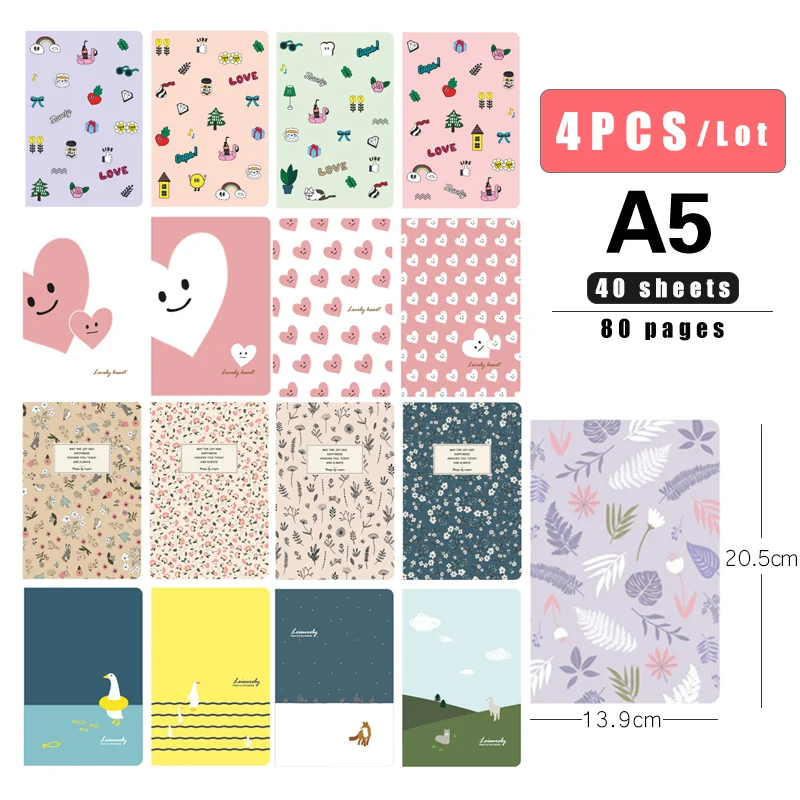 Милый блокнот формата А5 4 шт. бумажный с узором в виде сердца и утки милые