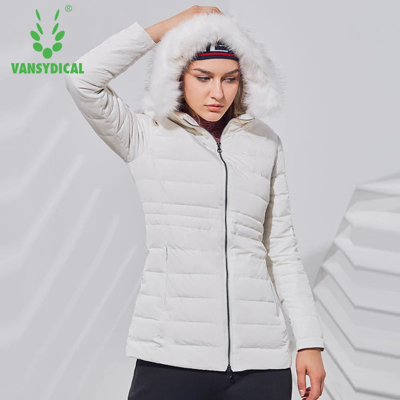 

Vansydical Winter Running Sports Down Coat Women's Warm Windproof Sportswear Tops Outdoor Hooded White Duck Down Jackets