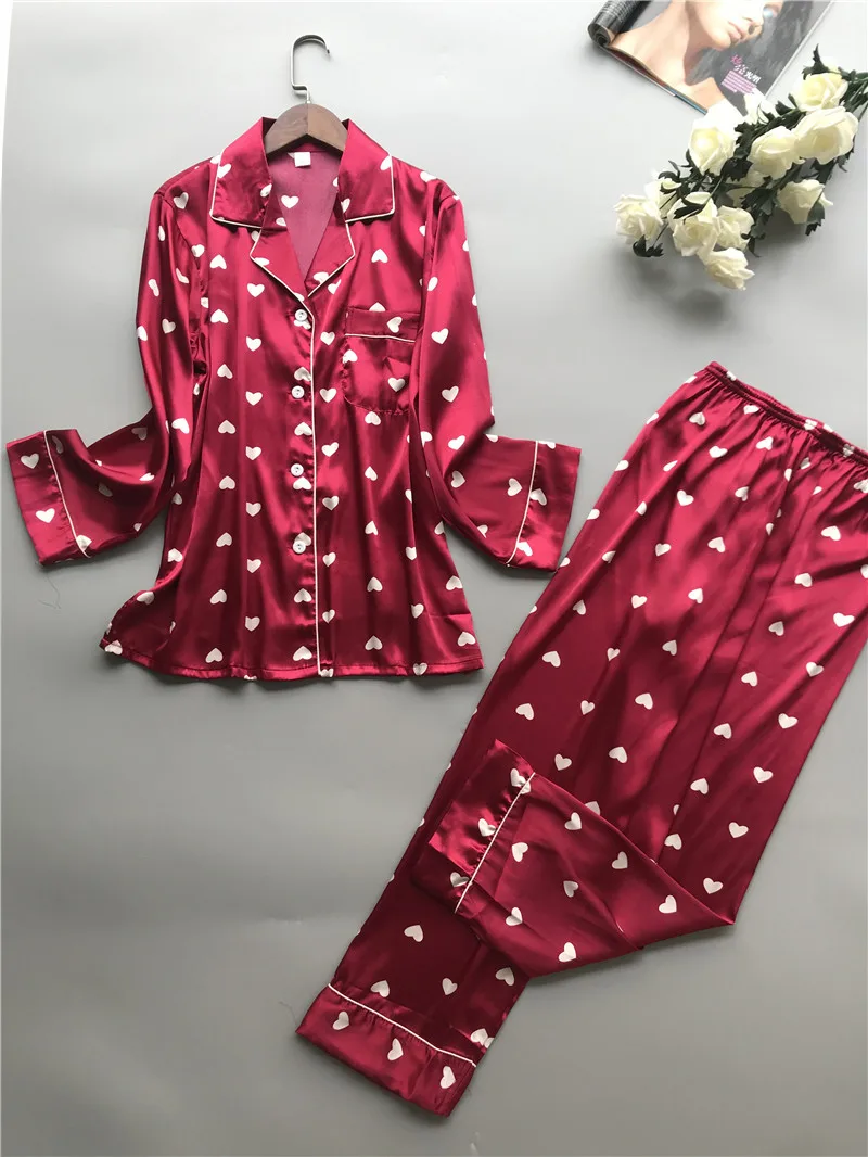 JRMISSLI Silk Pajamas Female High Quality Sleepwear Women Pure SILK Love Heart Print Long-Sleeved Pyjama Pants Two-Piece Sets