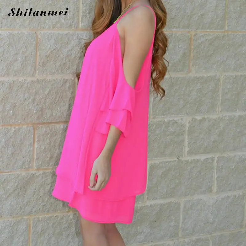 Летний розовый узкий ремешок Летнее сексуальное платье Свободный шифон Глубокий