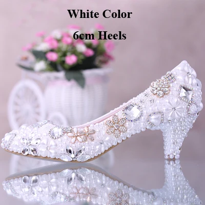 White 6cm Heels Роскошный элегантный, имитация жемчуга свадебное платье свадебная обувь с украшением в виде кристаллов со стразами Женская обувь на среднем каблуке Женская обувь дамские модельные туфли белого цвета - Цвет: White 6cm Heels