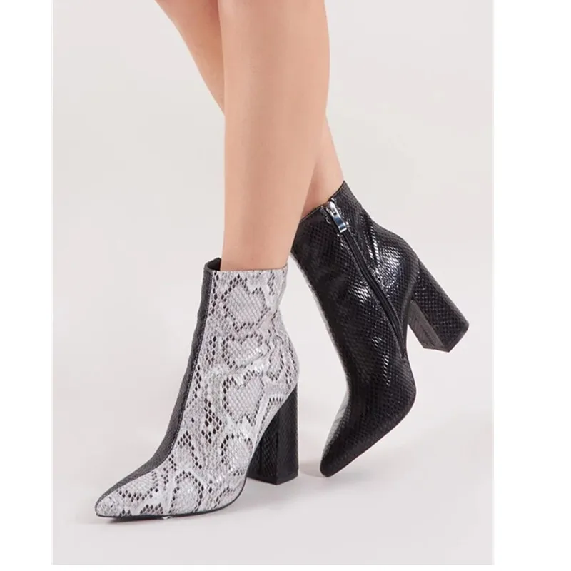 

2019 New Chelsea boots Big Size 33-43 Snake Pu Leather Pointed Toe Zip High Heels Shoes Woman Casual Spring Autumn Ankle boots