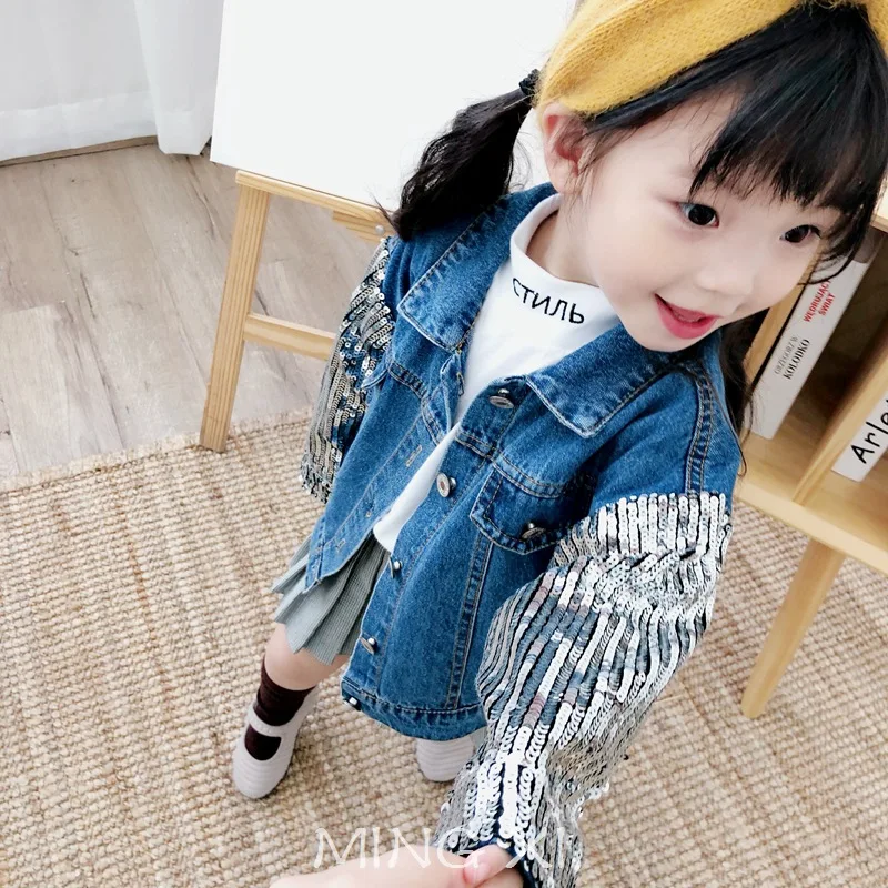Children's clothes 2018 Autumn New Girls Jacket Denim Sequins Sleeve Short coat | Детская одежда и обувь