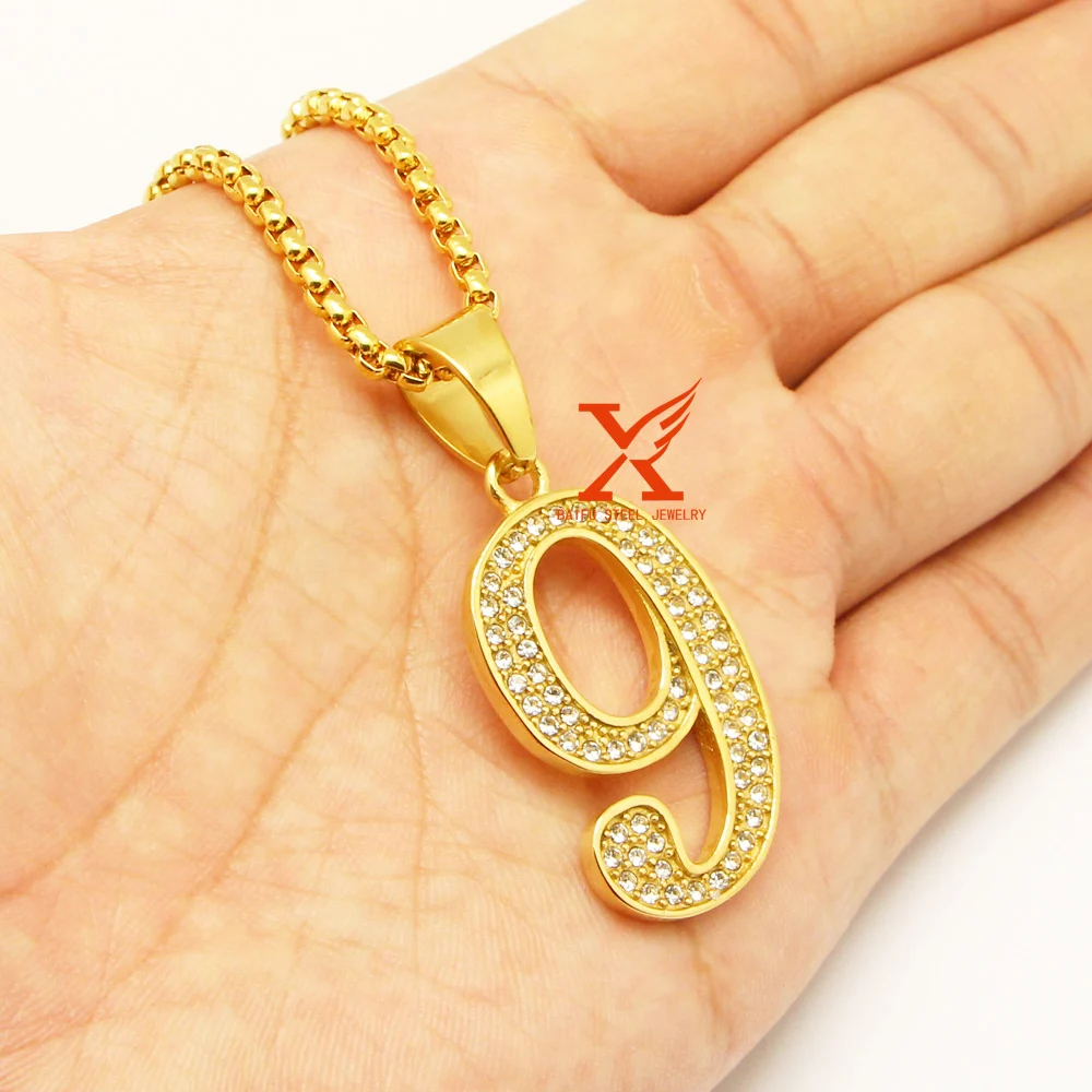 24 &quot(60 см) для мужчин хип-хоп Jewelry Нержавеющая сталь Золото Льдом № 9 Кулон