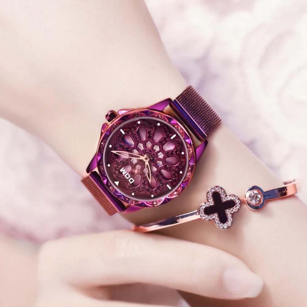 DOM Модные женские розовые с золотыми цветами и стразами Роскошные наручные часы