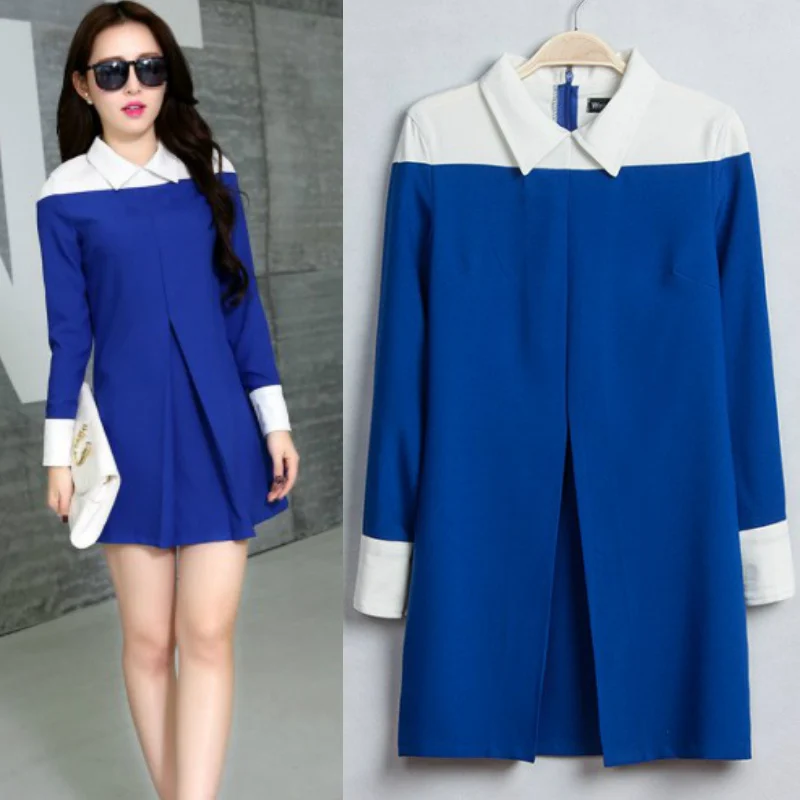 

2019 Spring New Style Fashion Dresses for women Euro-american style patchwork full sleeve turn-down collar Slim Dress long tops