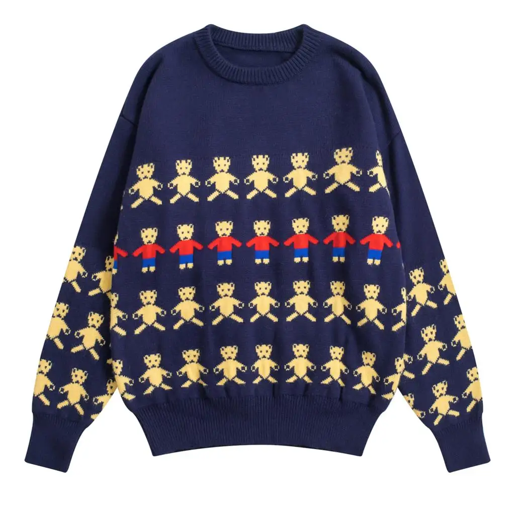 Spring New Funny Vintage Ladies Pullover Sweater Autumn Bear Jacquard Dark Blue Preppy Style Women Knitwear Ptetty Jumper Top | Женская
