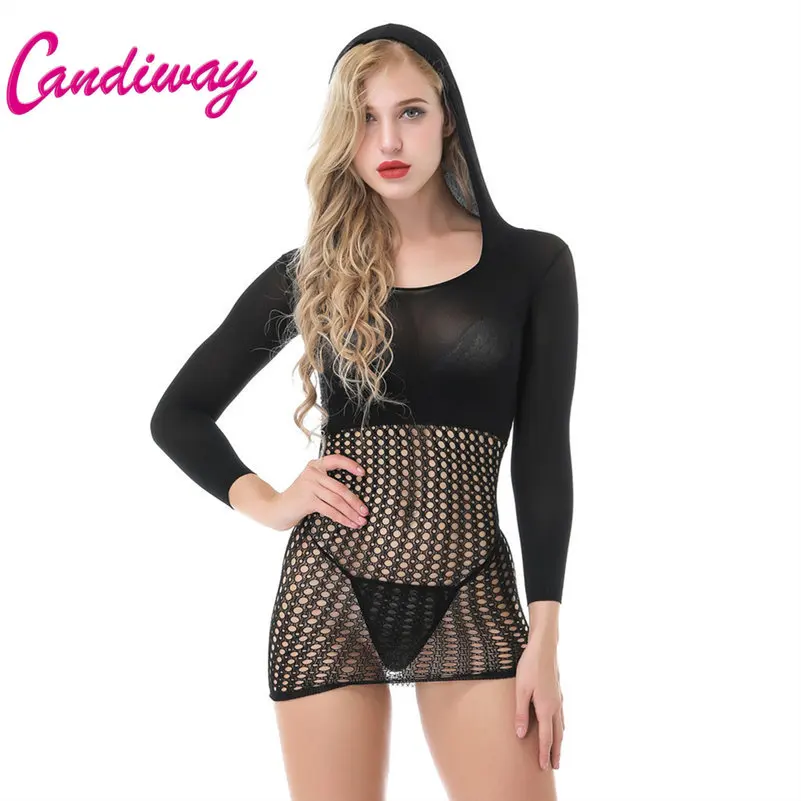 Candiway сексуальные мини платье cap Толстовка с длинным рукавом белье сетки