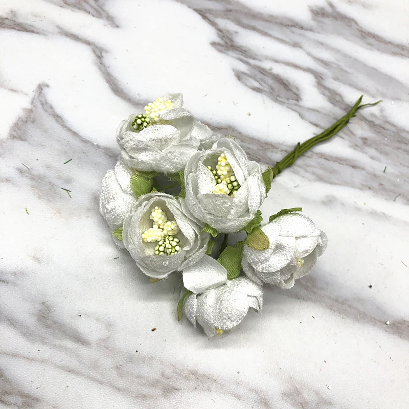 white Yooromer 6 шт Мини шелковые тычинки маленький пакетик чая Букет DIY wreath collage Свадебная подарочная коробка для платья ручной симулированные искусственные цветы - Цвет: white