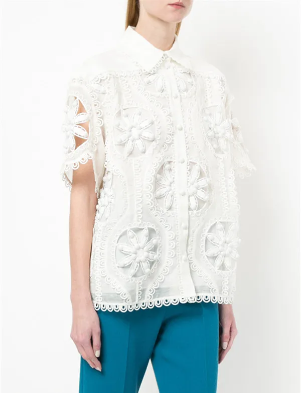 Women Golden Doily Blouse White Linen-silk Blend Oversized Hand Crafted Rouleau Trim Shirt |