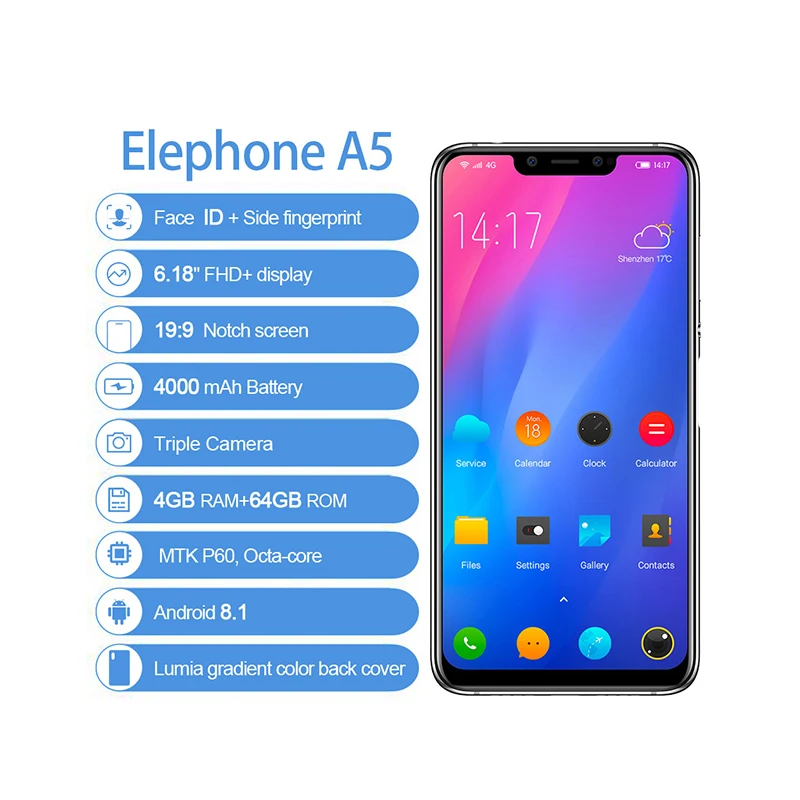 Elephone A5 Android 8,1 6,1" 18,7: 9 P60 MT6771 Четырехъядерный 4 ГБ ОЗУ 64 Гб ПЗУ 12 Мп+ 20 МП разблокировка лица отпечаток пальца 4G мобильный телефон