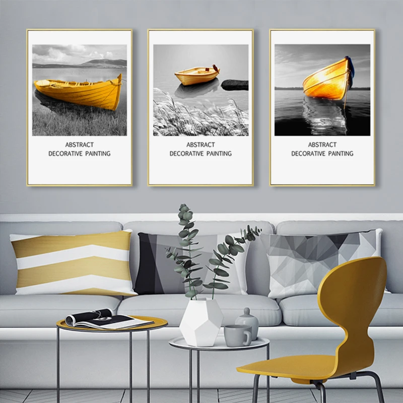 Abstract Yellow Boat Wall Art Canvas Painting Black White Sea Landscape Nordic Poster print Picture for Living Room Home Decor | Дом и сад