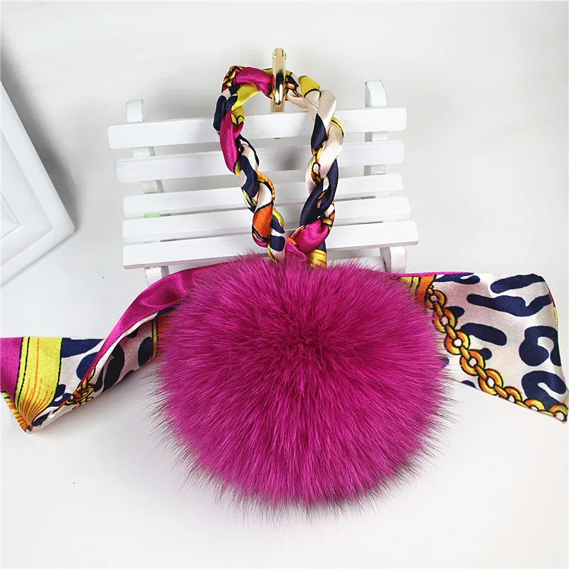 hot pink 9 см большой натуральный Лисий Мех помпоны брелоки цепочки для ключей для женщин шарф принт Шелковый бант лента металлическая сумка Шарм держатель для ключей f274 - Цвет: hot pink