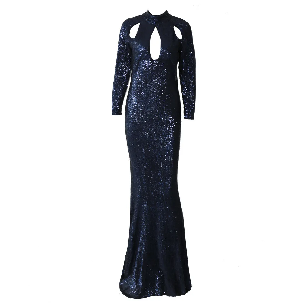 royal blue Очаровательные сексуальные женские вечерние платья в пол с блестками, с высоким воротом, с длинным рукавом, с вырезами, Abendkleider - Цвет: royal blue