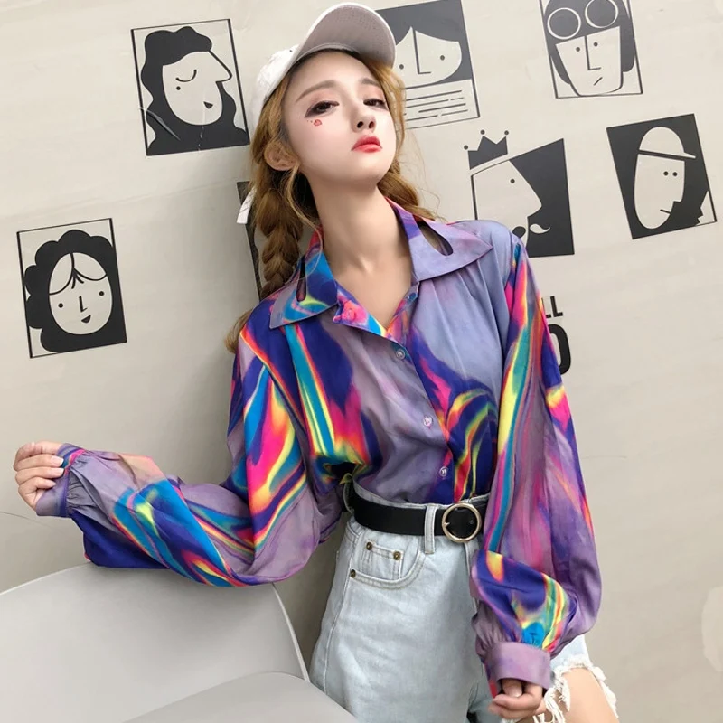 Новое поступление, свободная футболка в стиле хип-хоп в японском стиле Ulzzang Harajuku с длинными рукавами и цветным принтом для студентов