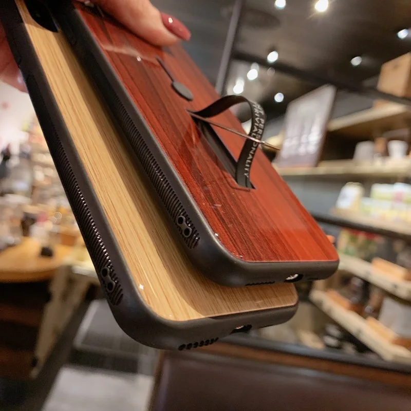 Case for IPhone 7 X XR 8 6S XS 6 Luxury Natural Wooden Grain Loop Ring Cases Iphone Plus Glass Mirror |