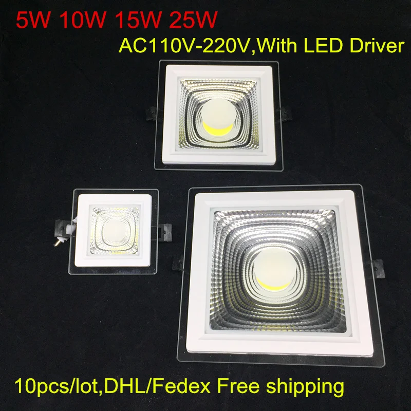 5W 10W 15W 25W Square Glass LED Downlight Recessed LED Panel Light Spot Ceiling Down Light AC110V 220V Warm/Cold White DHL Free