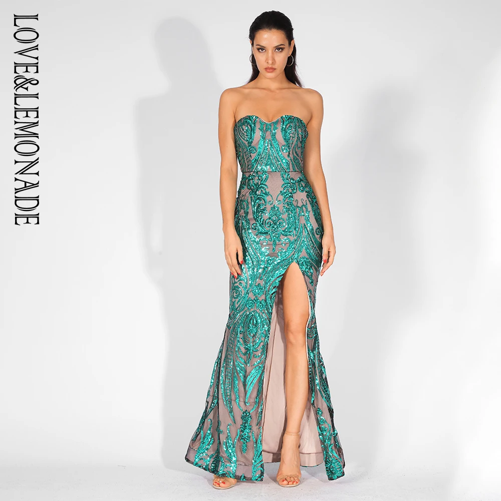 Женское платье без бретелек LOVE & LEMONADE зеленое облегающее Платье макси с