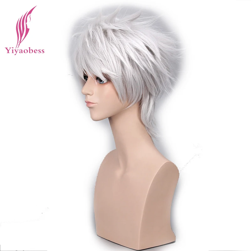 

Yiyaobess Naruto Kakashi Cosplay Wig Short Wavy Gray Silver Explosion Head Wigs With Headband For Party Synthetic Hair