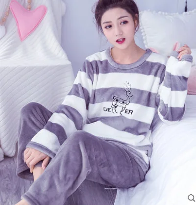stripe deer Vangull, осенне-зимние женские пижамные комплекты, пижамы, костюм для сна, теплая фланелевая ночная рубашка кораллового цвета, Женская пижама с мультяшными животными - Цвет: stripe deer