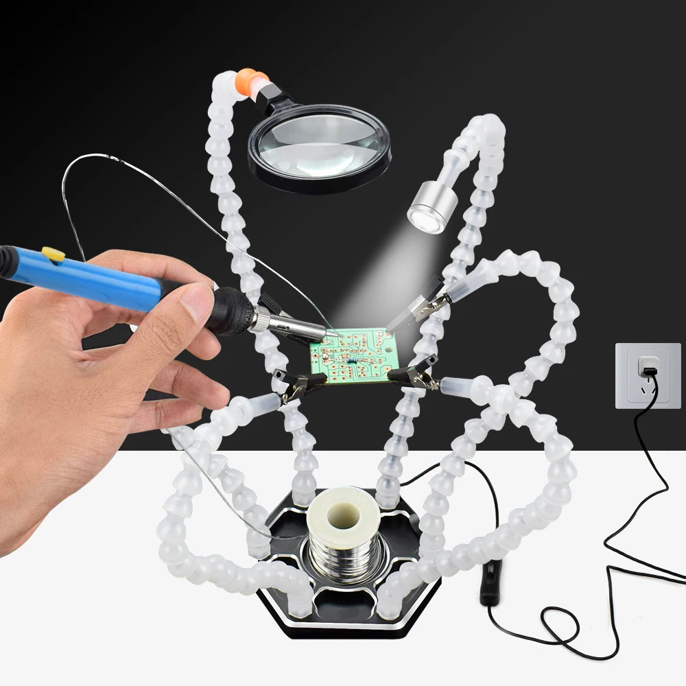 Паяльная рабочая станция Toolour Help Hands с тремя ручками, 6 гибких рычагов с точностью 360 градусов, зажим типа крокодил, USB, 3X лупа