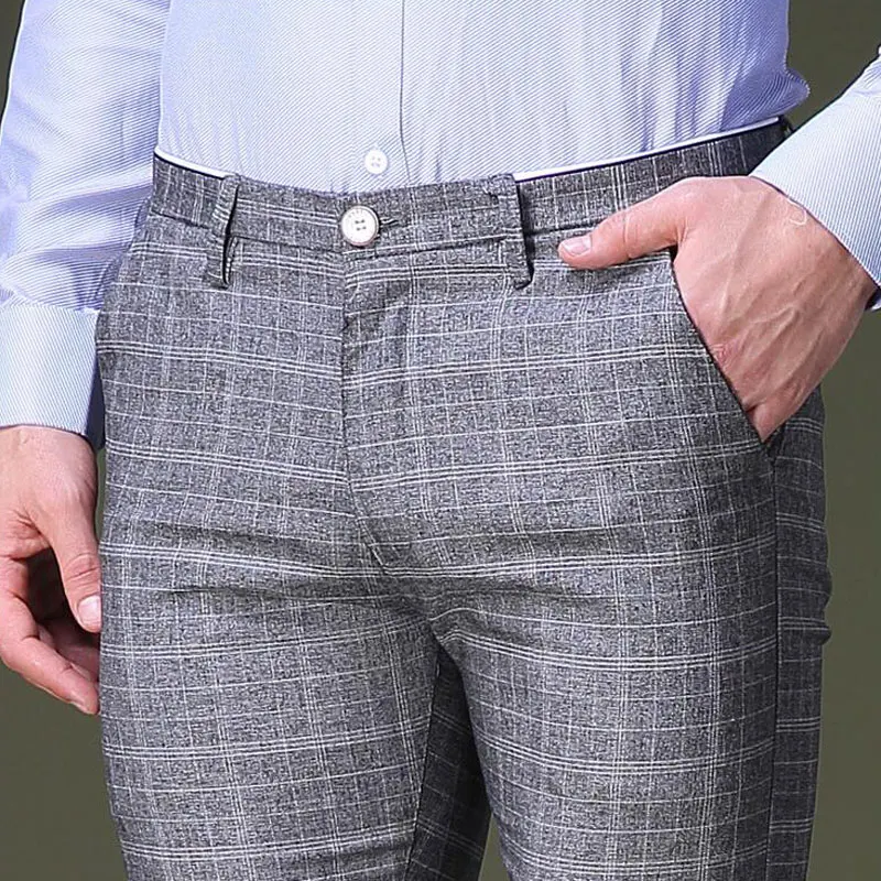 Модные мужские летние костюмы брюки клетчатые корейский стиль Человек Slim Fit