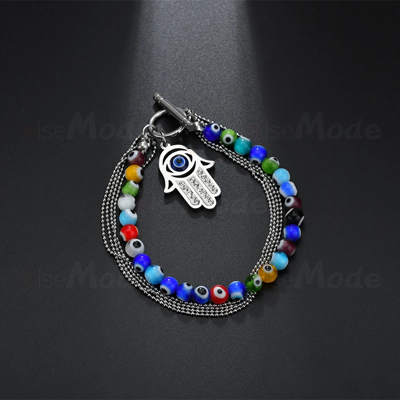 ELSEMODE Этническая рука Фатимы сглаза кисточки из нержавеющей стали цепи браслеты