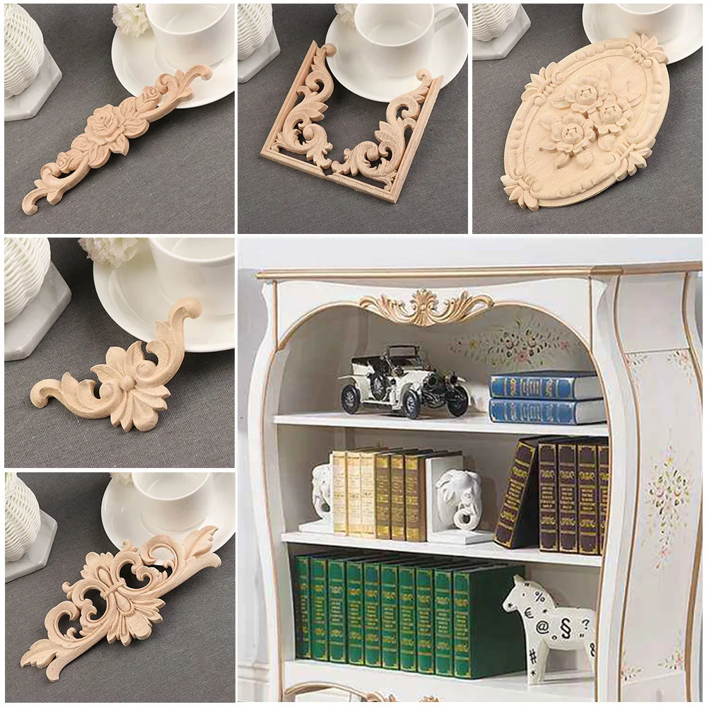 1 Pc Natural Floral Wood Carved Decal Corner Appliques Frame Wall Doors Furniture Woodcarving Decorative Wooden Figurines Crafts