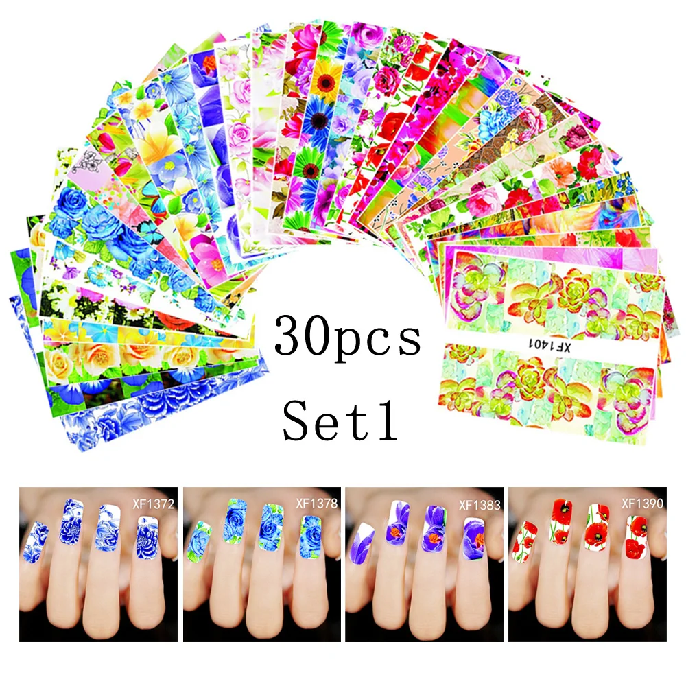 SET 1 Bittb 30 шт. наклейка с цветком для ногтей наклейки цветочный дизайн ногтей наклейки s татуировки переводные Ногти украшения маникюрные инструменты - Цвет: SET 1
