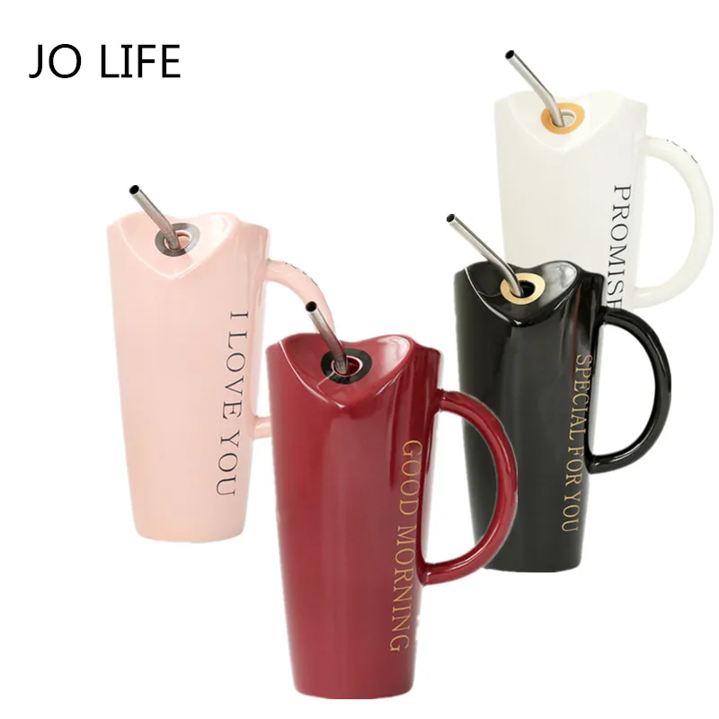 JO LIFE керамическая чашка в форме сердца с соломенной чашкой из нержавеющей стали для кофе, молока, для офиса, дома, бара, школы, романтический подарок