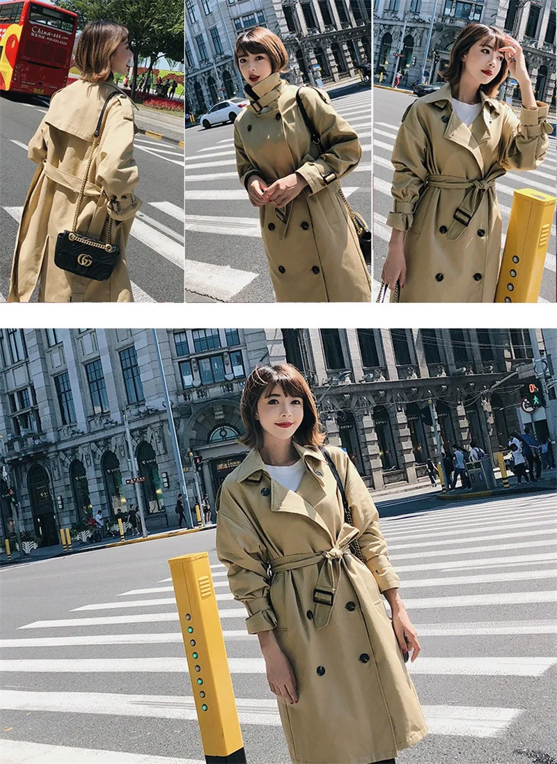 Осенне-весенний женский шикарный плащ цвета хаки, Тренч, новинка, двубортное пальто с поясом, Повседневная Длинная ветровка, женская верхняя одежда