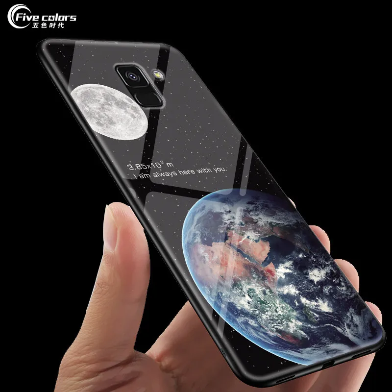 Star Space Tempered Glass Phone Cases For Samsung Galaxy A8 2018 / A5 Plus Soft TPU Bumper Protective Coque |