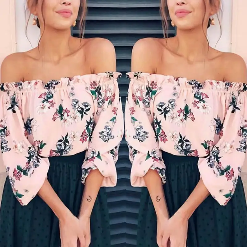 Women Girls Summer Chiffon Off Shoulder Floral Printed Long Sleeve Tops | Женская одежда