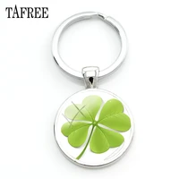 tafree lucky clover hot selling round keychain beautiful design four leaf clover key ring glass elegant jewelry for gift qf335