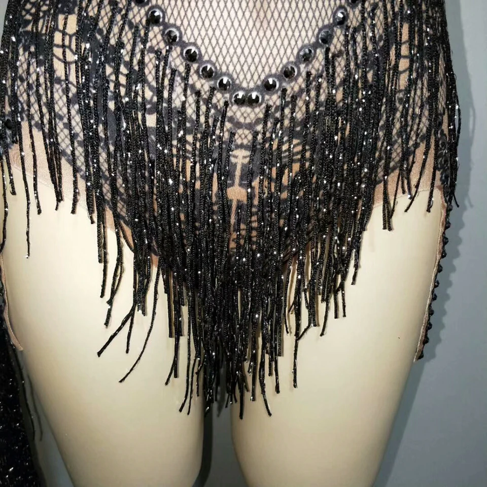 Блестящий Черный боди с кисточками Nigthclub наряд со стразами блестящими камнями цельный головной убор костюм сценический купальник головной убор
