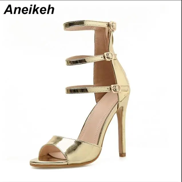 Gold Aneikeh/ г.; нейтральные летние женские сандалии-гладиаторы из искусственной кожи на молнии; Модные женские офисные Босоножки с открытым носком на высоком тонком каблуке; Цвет черный, золотой; Размеры 35-40 - Цвет: Gold