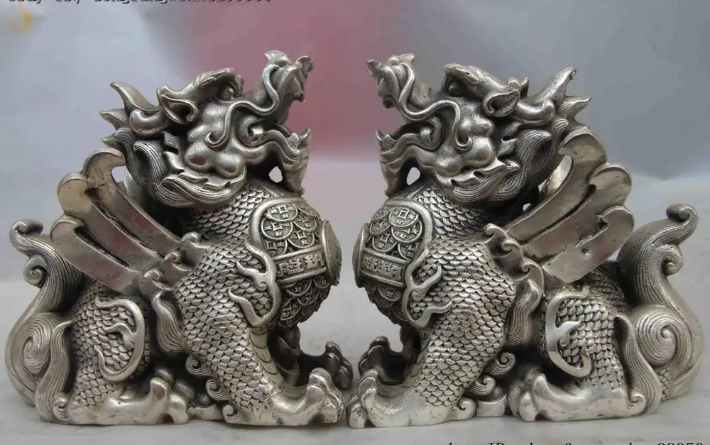

Chinese White Copper Silver Wealth Money YuanBao Fly Fu Foo Dog Lion Statue Pair