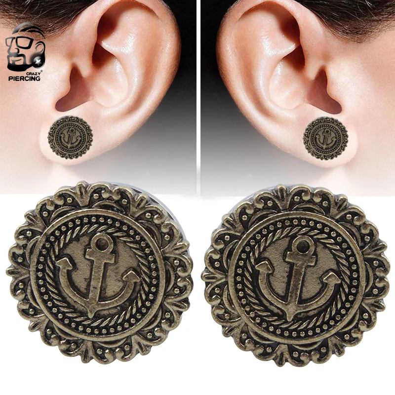 1Pair New Hot Antique Brass Anchor of Sharon Flesh Tunnel Double Flared Ear Plugs Piercing Gauges 10mm-20mm Fashion Body Jewelry | Украшения