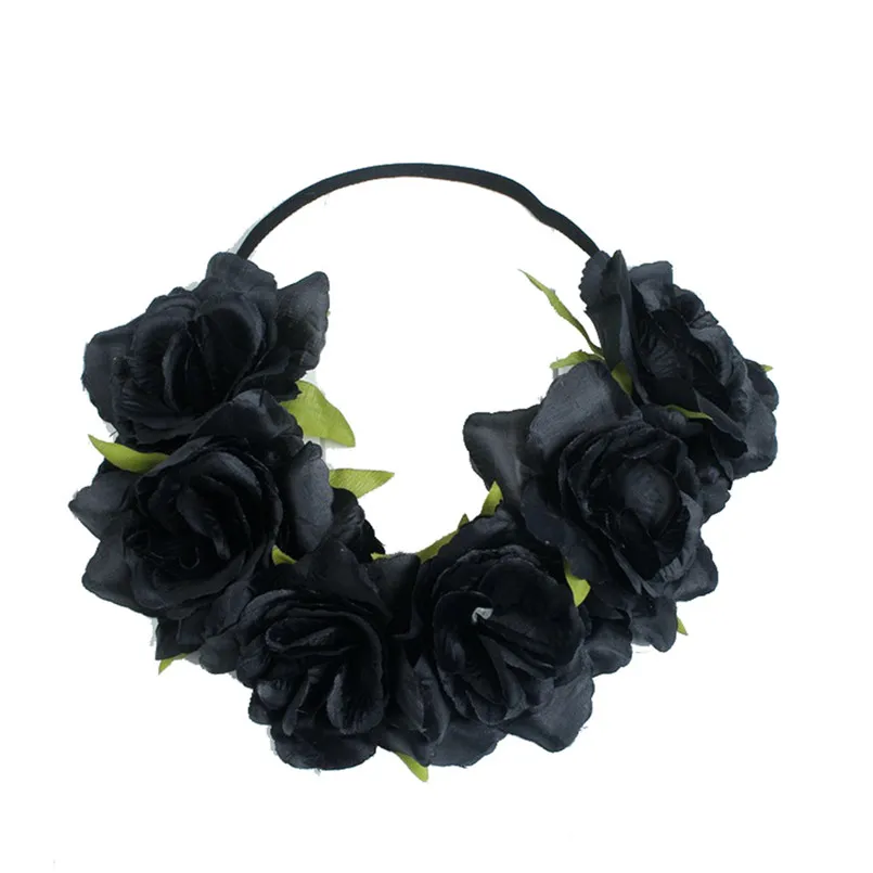 Черный New Large Rose Flower Forehead Hair Headband Hair Crown Summer Festival Garland S1 - Цвет: Черный