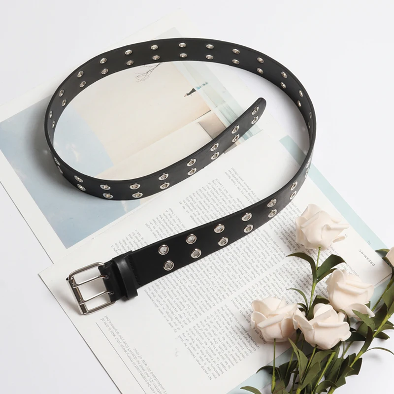

New Fashion Grommet Belt for Women European punk Faux Leather Women cool Belt for Ladies Jeans Accessories Double Pin Buckle