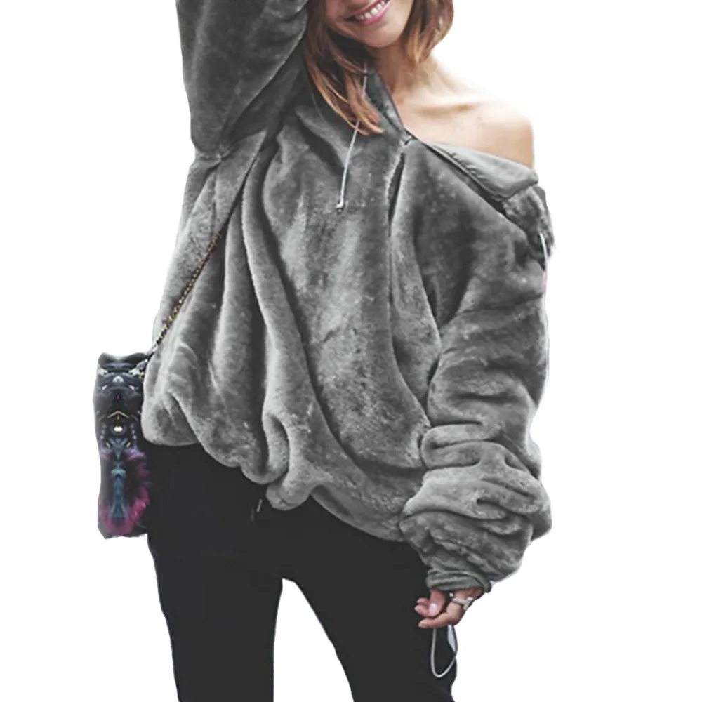 Hitmebox 2019 News Autumn Winter Fashion Women's Long Sleeve Casual Loose Fuzzy Warm Fleece Plus Size Hooded Outerwears Sweater | Женская
