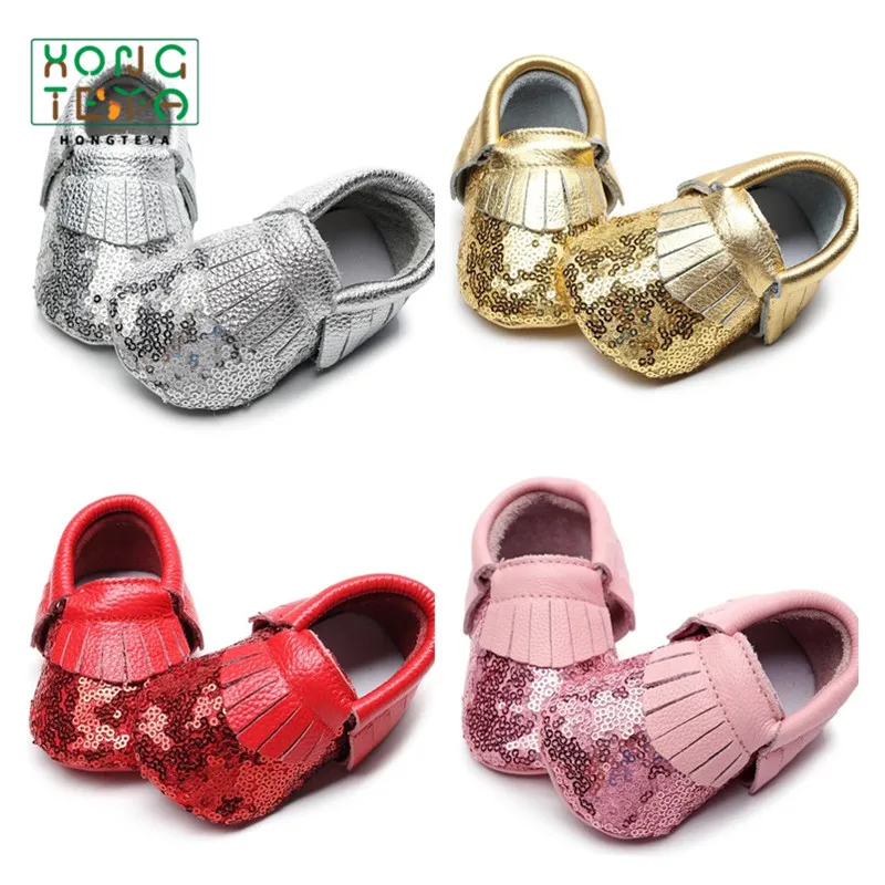 Genuine Leather Sequined Baby Shoes Fringe Shine Gold Newborn Infant Girls Christmas gift tassel baby moccasins shoes |