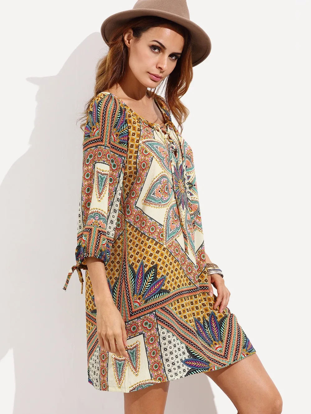 DealBang Summer Beach Bar Women Sexy Bohemian Dress 2017 New Madam O-Neck Print 3/4 Sleeves Mini Loose Dresses | Женская одежда