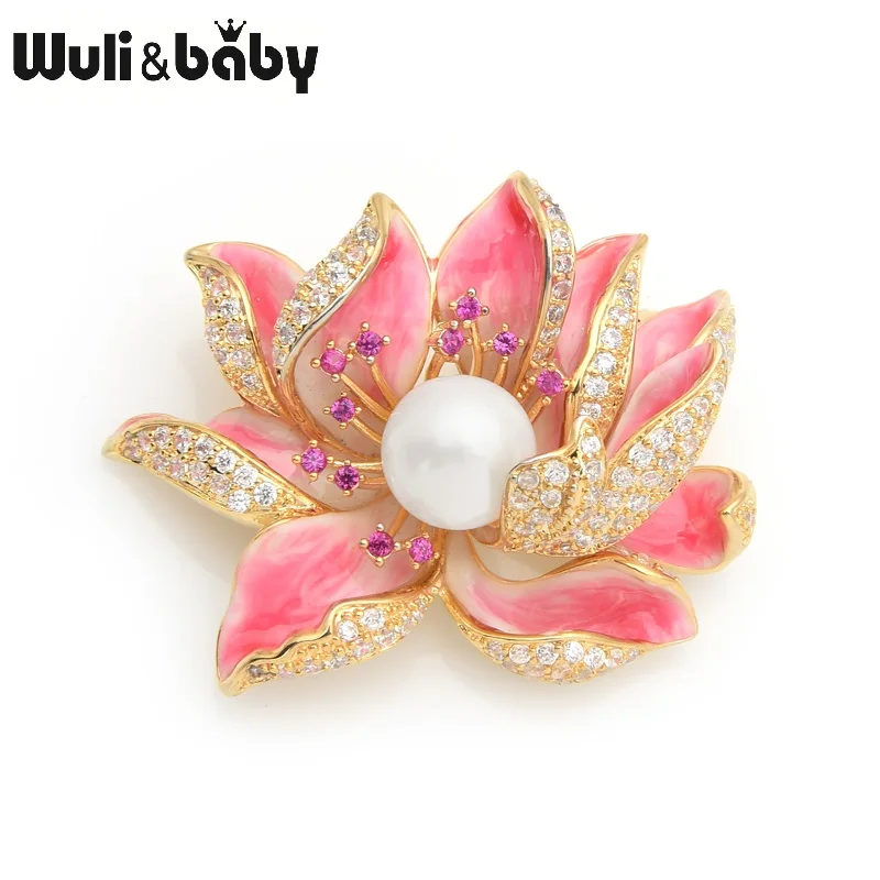 

Wuli&baby New Copper Lotus Flower Brooches Simulated Pearl Flower Weddings Banquet Luxury Brooch Pins Gifts