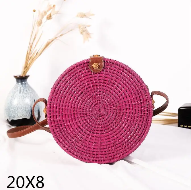 pink20x8cm Новые черные круглые сумки из ротанга для женщин, богемная пляжная сумка-Кроссбоди, соломенная ручная работа, тканая круглая сумка на плечо, женские сумки - Цвет: pink20x8cm