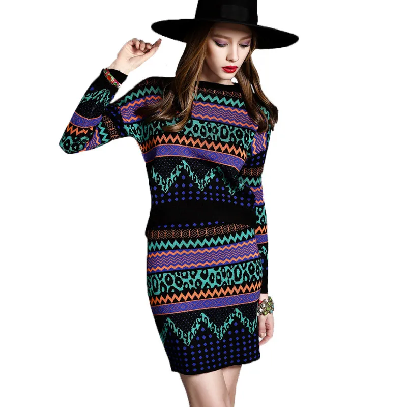 Женский облегающий костюм в этническом стиле Осень зима 2019 вязаный свитер с