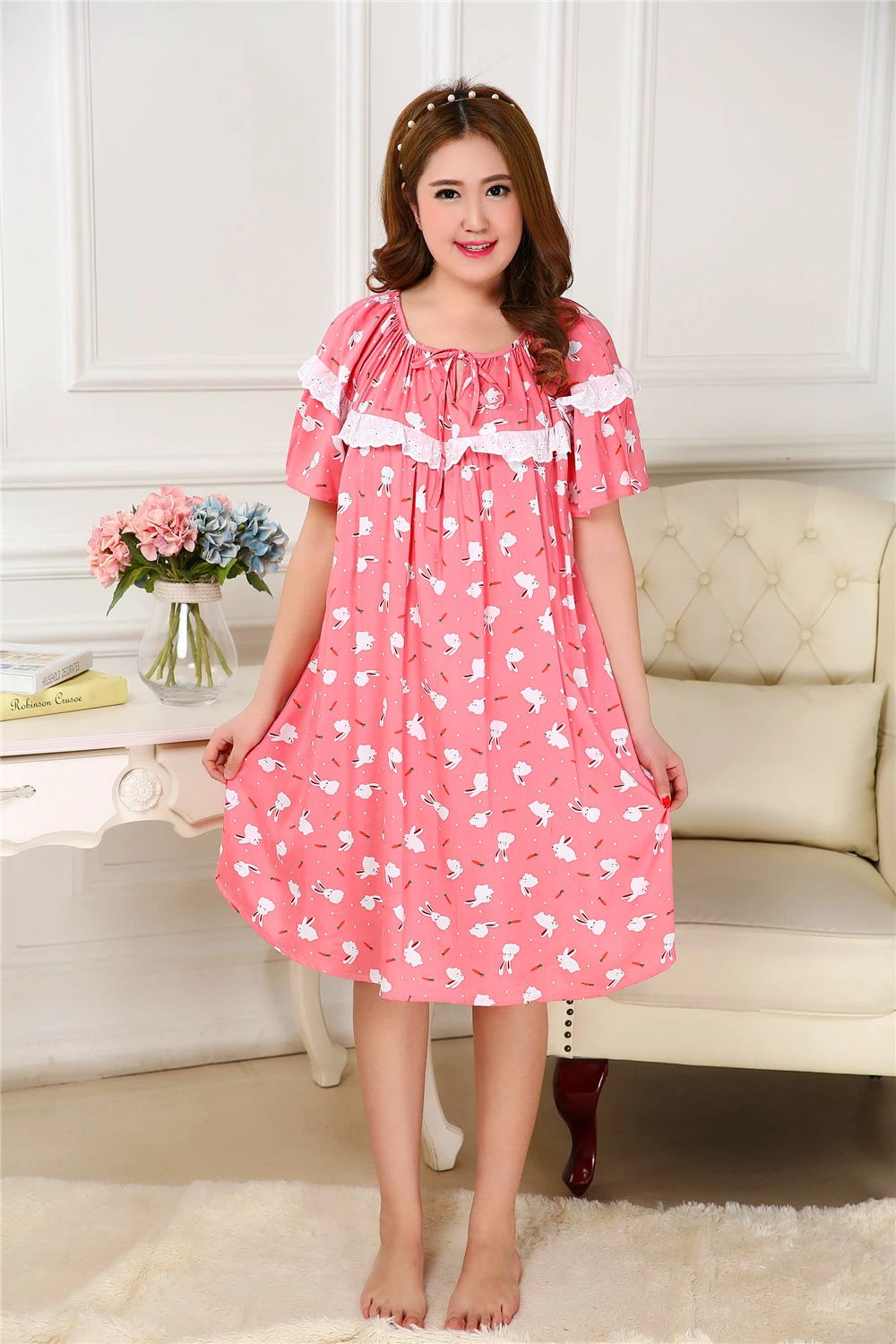 Женские летние Sleepdress плюс Размеры женский хлопок Sleepwea для жира взрослых Для Женщин Сплетенные Хлопок Homedress 4XL 5XL B-6684